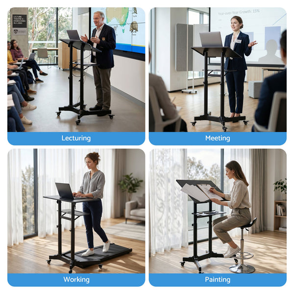 Artiss Mobile Lectern Stand, Adjustable Sit-to-Stand Presentation Podium w/ Wheels Black Artiss