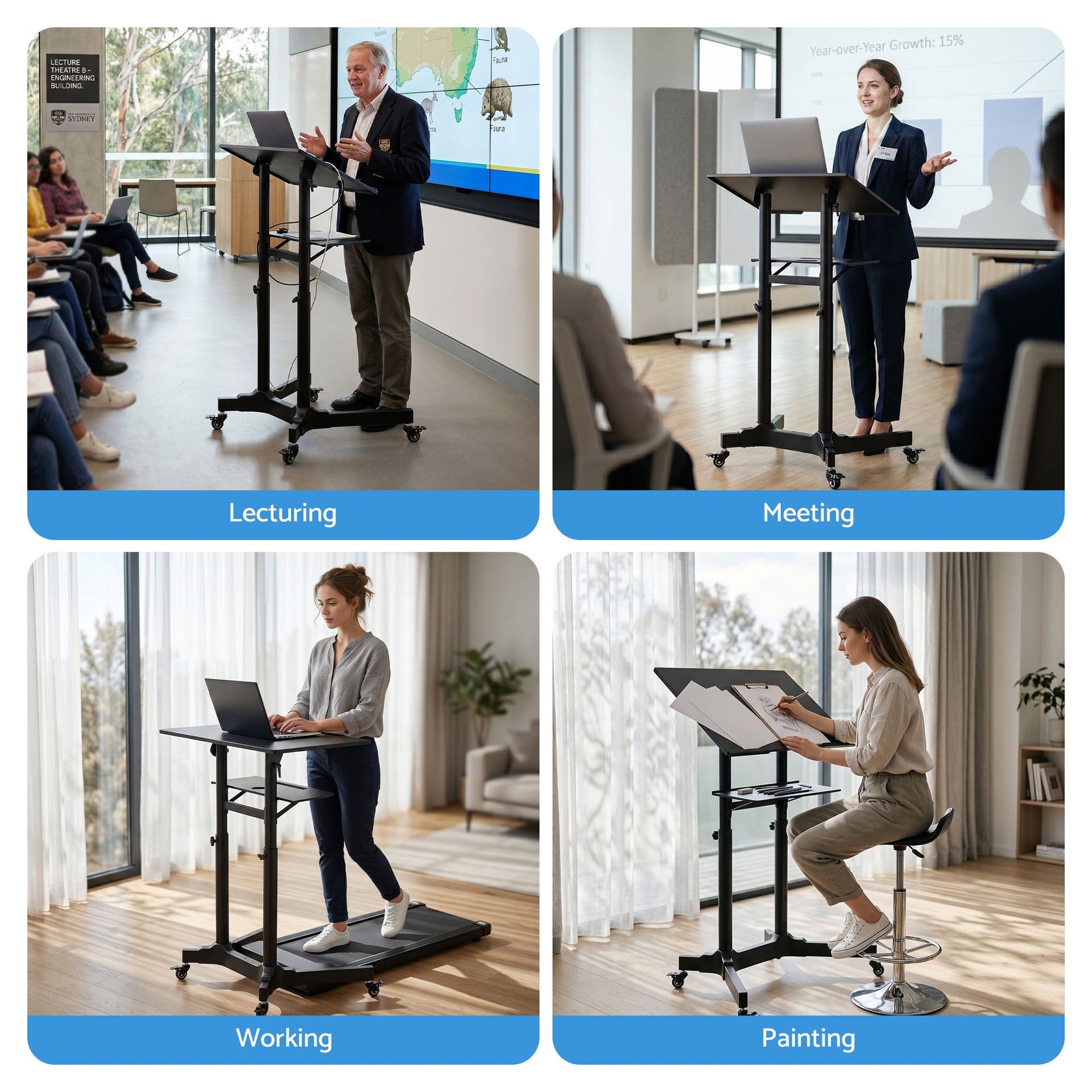 Artiss Mobile Lectern Stand, Adjustable Sit-to-Stand Presentation Podium w/ Wheels Black Artiss