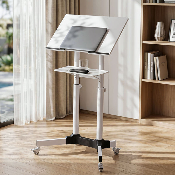 Artiss Mobile Lectern Stand, Adjustable Sit-to-Stand Presentation Podium w/ Wheels White Artiss