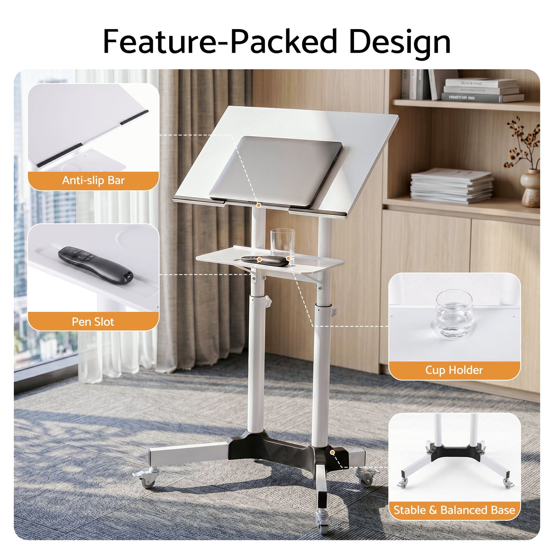 Artiss Mobile Lectern Stand, Adjustable Sit-to-Stand Presentation Podium w/ Wheels White Artiss