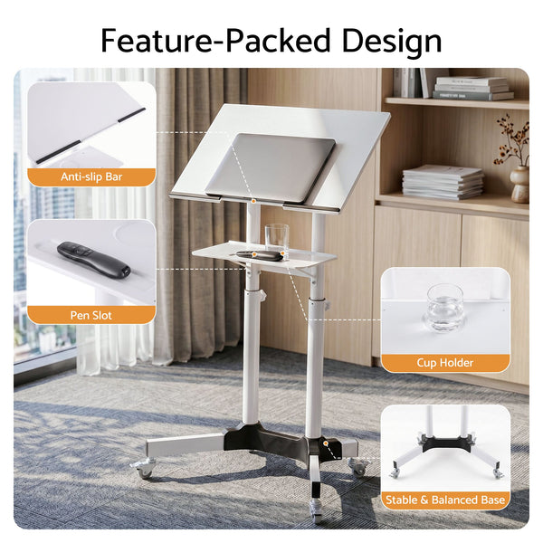 Artiss Mobile Lectern Stand, Adjustable Sit-to-Stand Presentation Podium w/ Wheels White Artiss