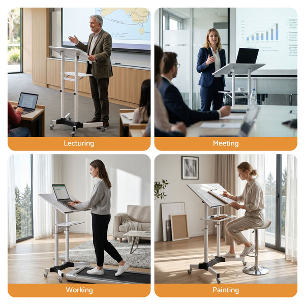 Artiss Mobile Lectern Stand, Adjustable Sit-to-Stand Presentation Podium w/ Wheels White Artiss