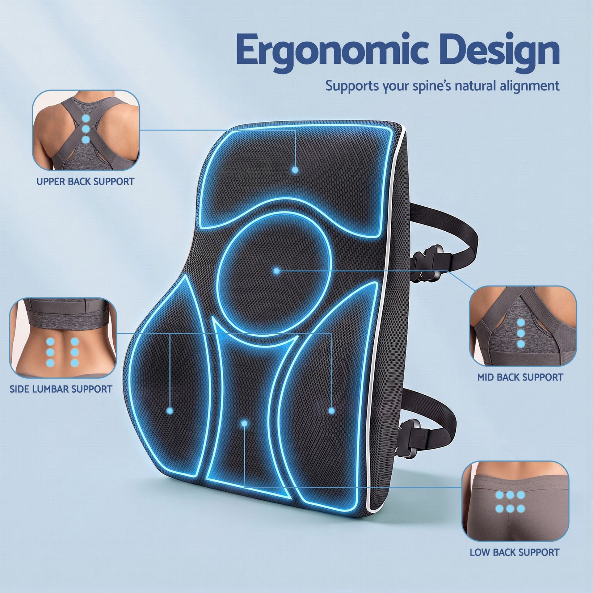 Artiss Ergonomic Lumbar Support Cushion for Office Chair and Car Memory Foam Lumbar Pillow for Back, Breathable Back Support Pillow with Adjustable Straps for Office Gaming Car Home Awezingly