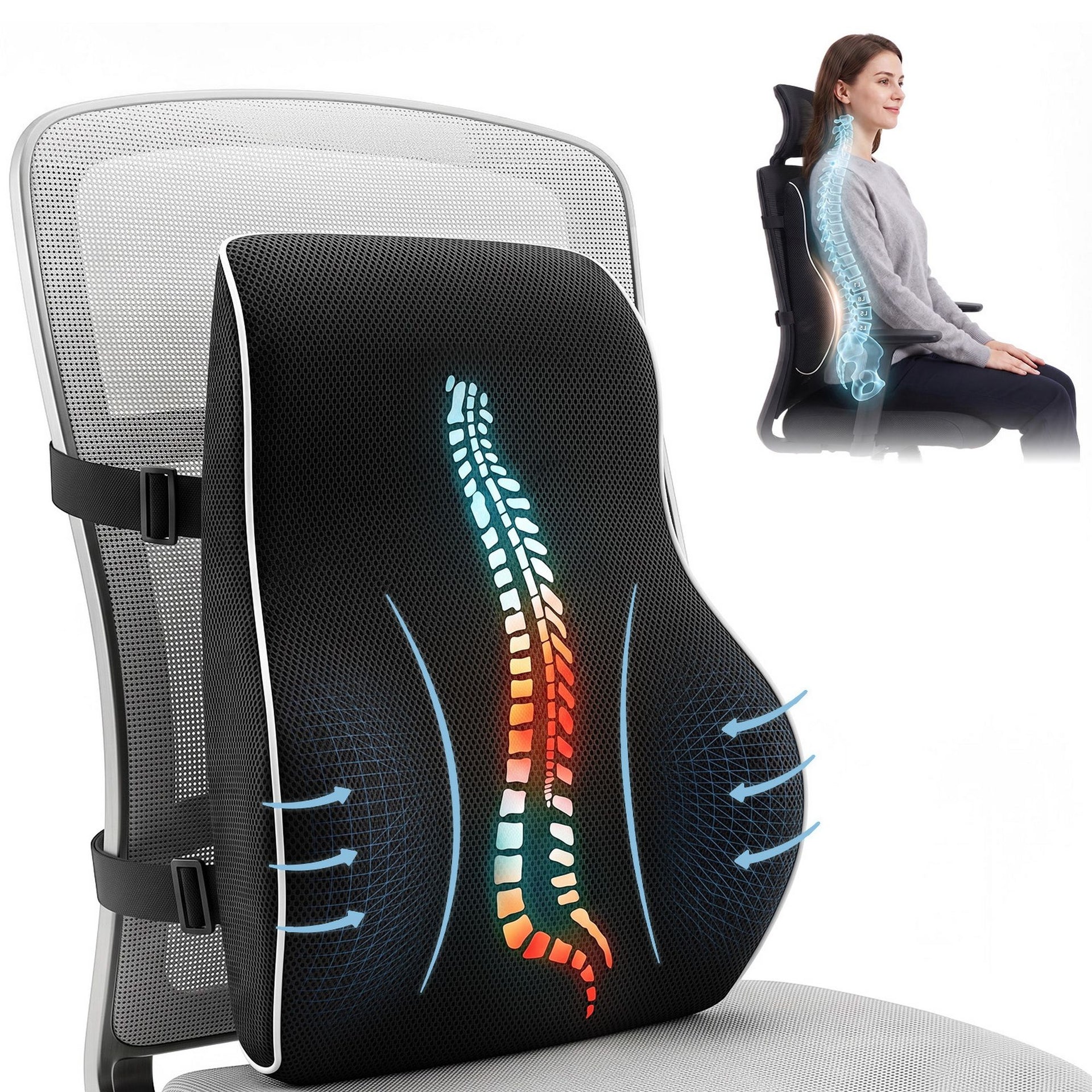 Artiss Ergonomic Lumbar Support Cushion for Office Chair and Car Memory Foam Lumbar Pillow for Back, Breathable Back Support Pillow with Adjustable Straps for Office Gaming Car Home Awezingly