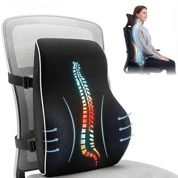 Artiss Ergonomic Lumbar Support Cushion for Office Chair and Car Memory Foam Lumbar Pillow for Back, Breathable Back Support Pillow with Adjustable Straps for Office Gaming Car Home Awezingly
