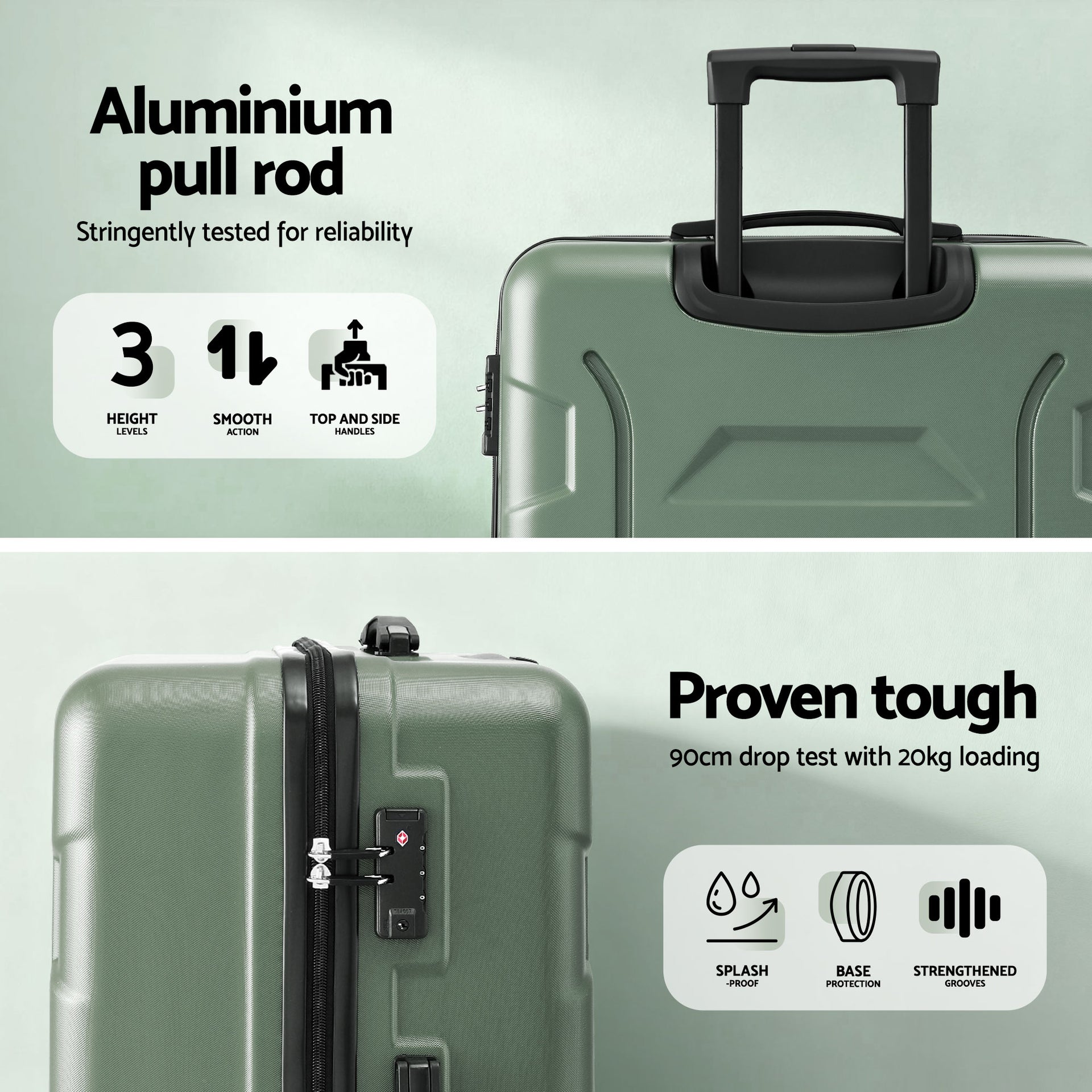 Wanderlite 3pcs Luggage Suitcase Set Trolley Travel TSA Lightweight Hard Case Grey Green Awezingly
