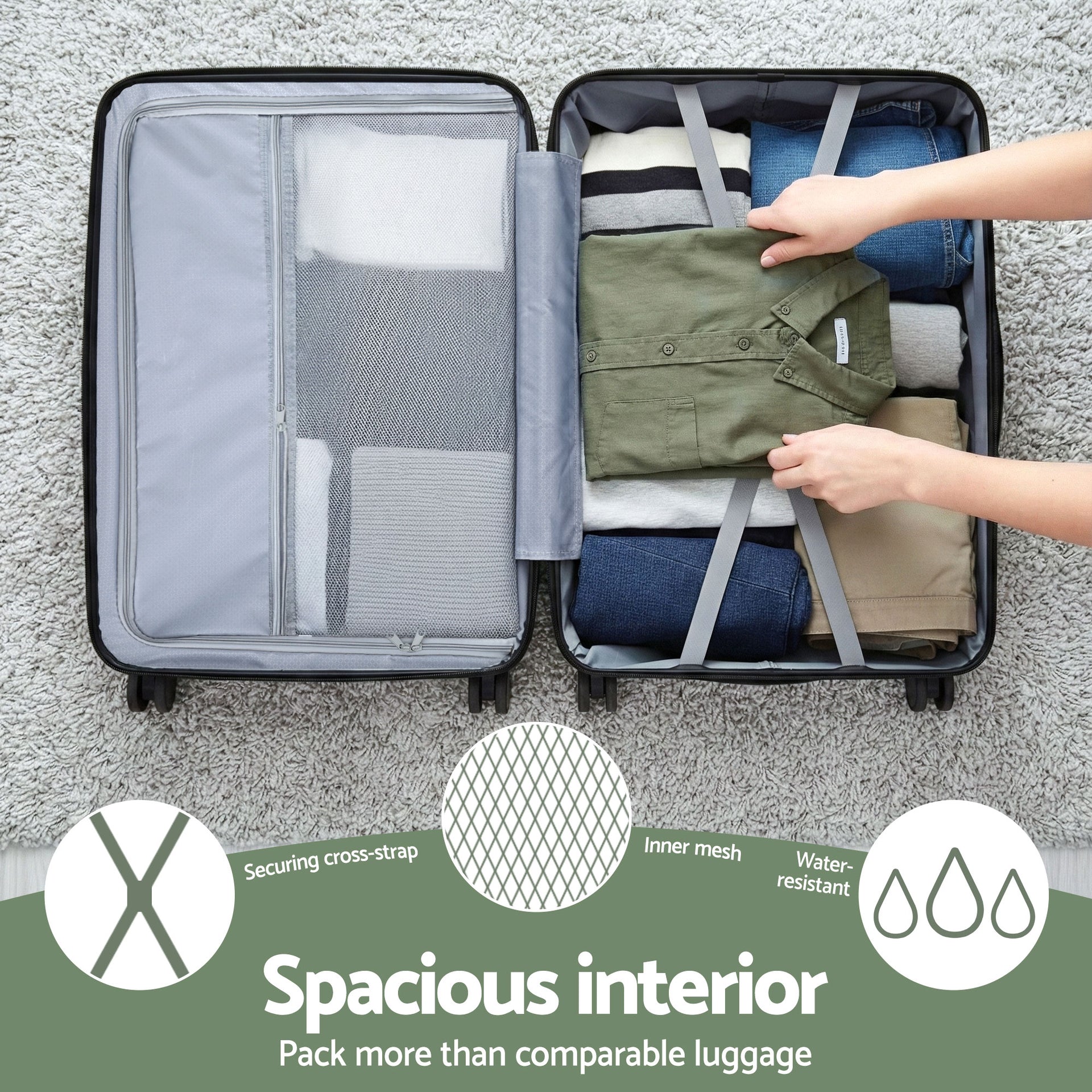 Wanderlite 3pcs Luggage Suitcase Set Trolley Travel TSA Lightweight Hard Case Grey Green Awezingly