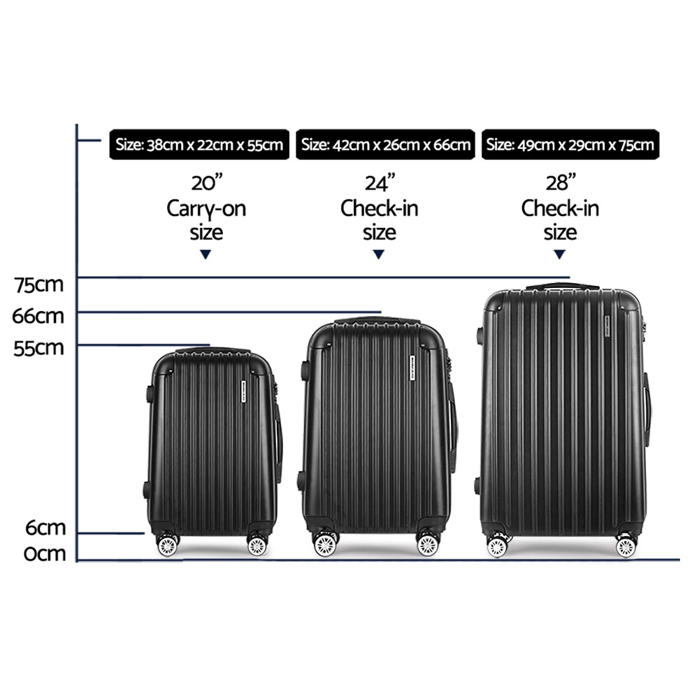 Wanderlite 3 Set Luggage 20-24-28 Inch with Zipper Lock Carry On Hard Shell Travel Suitcase Luggage Case Black Wanderlite