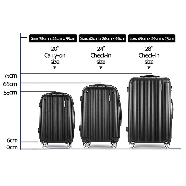 Wanderlite 3 Set Luggage 20-24-28 Inch with Zipper Lock Carry On Hard Shell Travel Suitcase Luggage Case Black Wanderlite