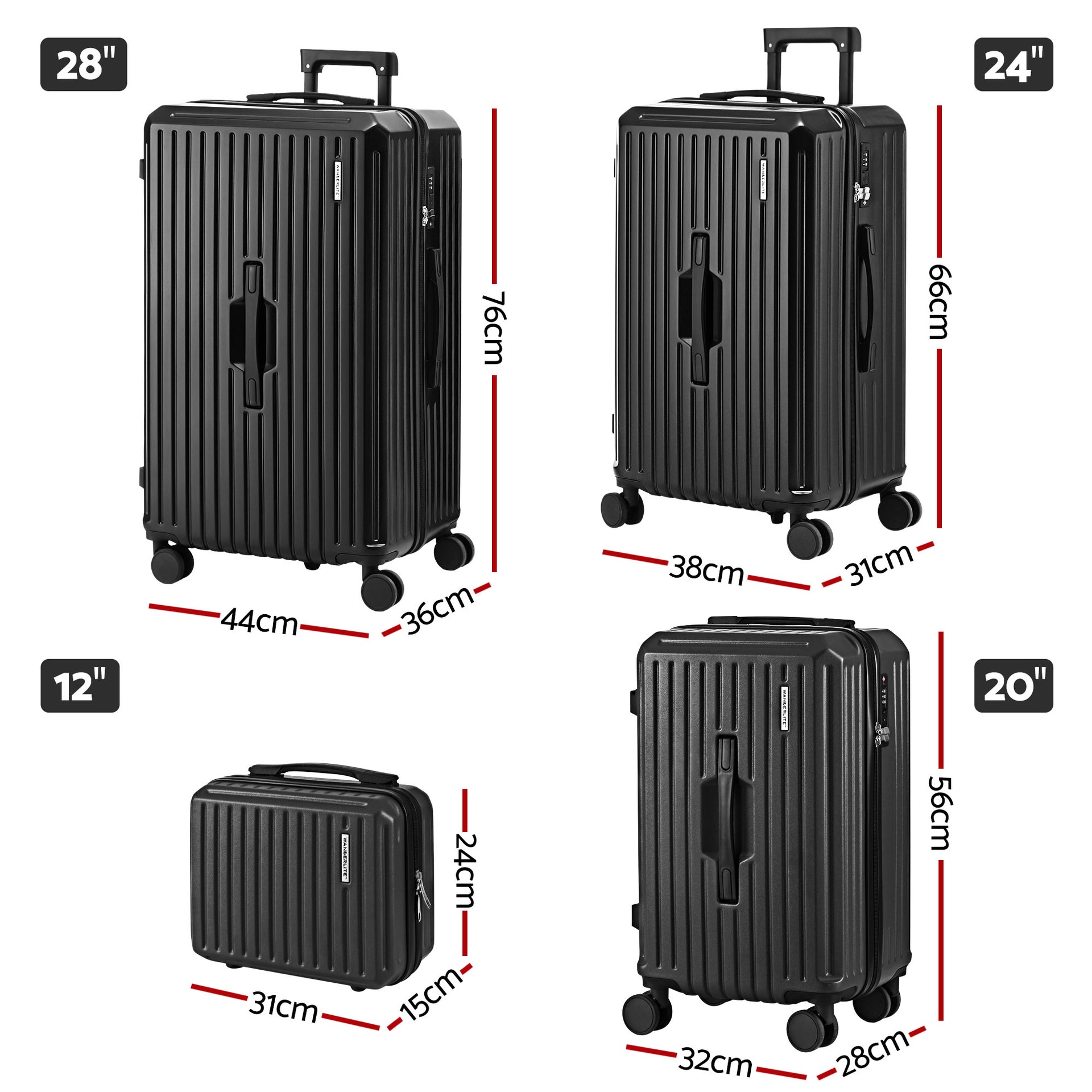 Wanderlite 4pcs Trunk Luggage Suitcase Set Travel Carry On TSA Lock Black Awezingly