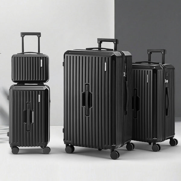 Wanderlite 4pcs Trunk Luggage Suitcase Set Travel Carry On TSA Lock Black Awezingly