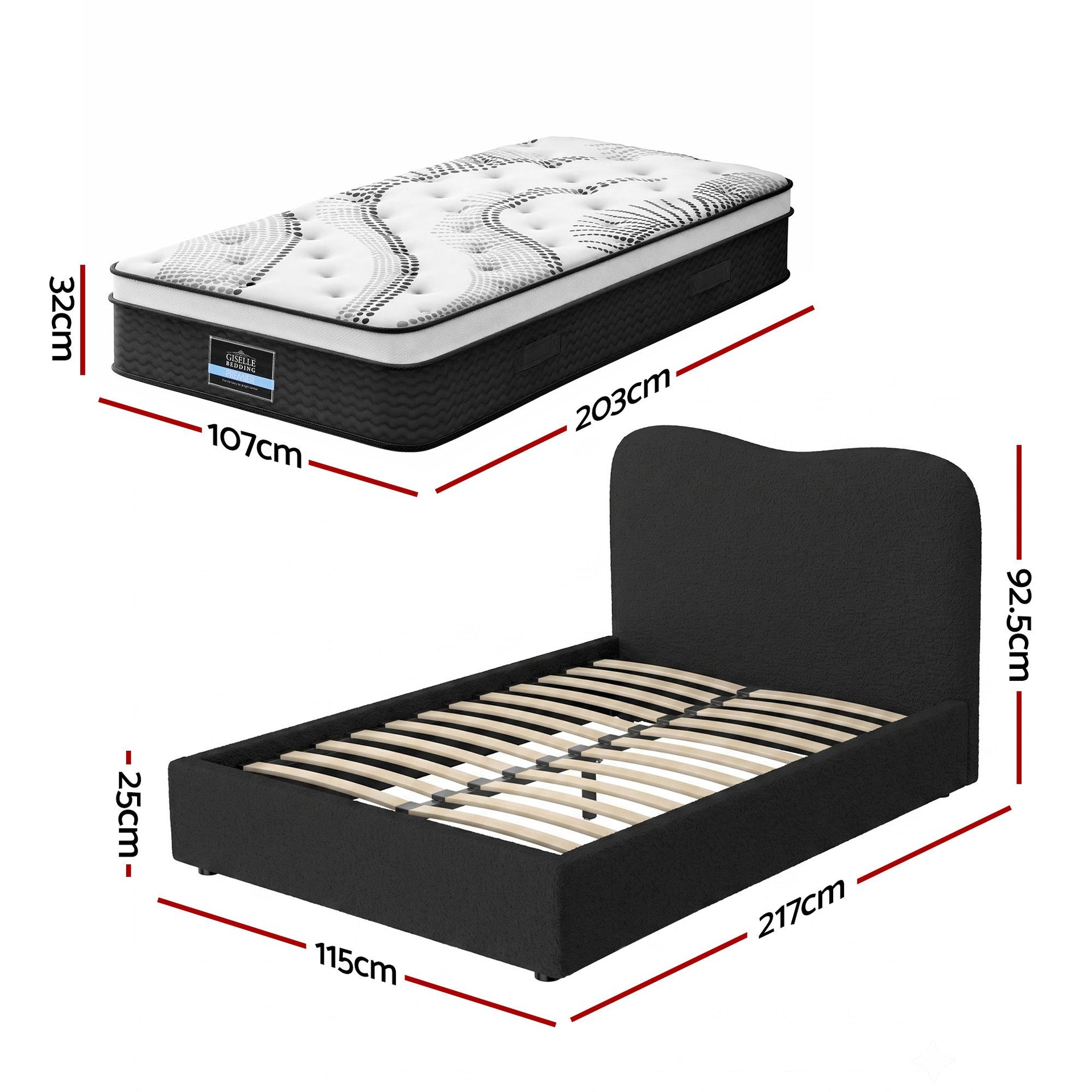 Giselle 32cm Euro Top King Single Mattress 5-Zone and Artiss Boucle Bed Frame Set Awezingly