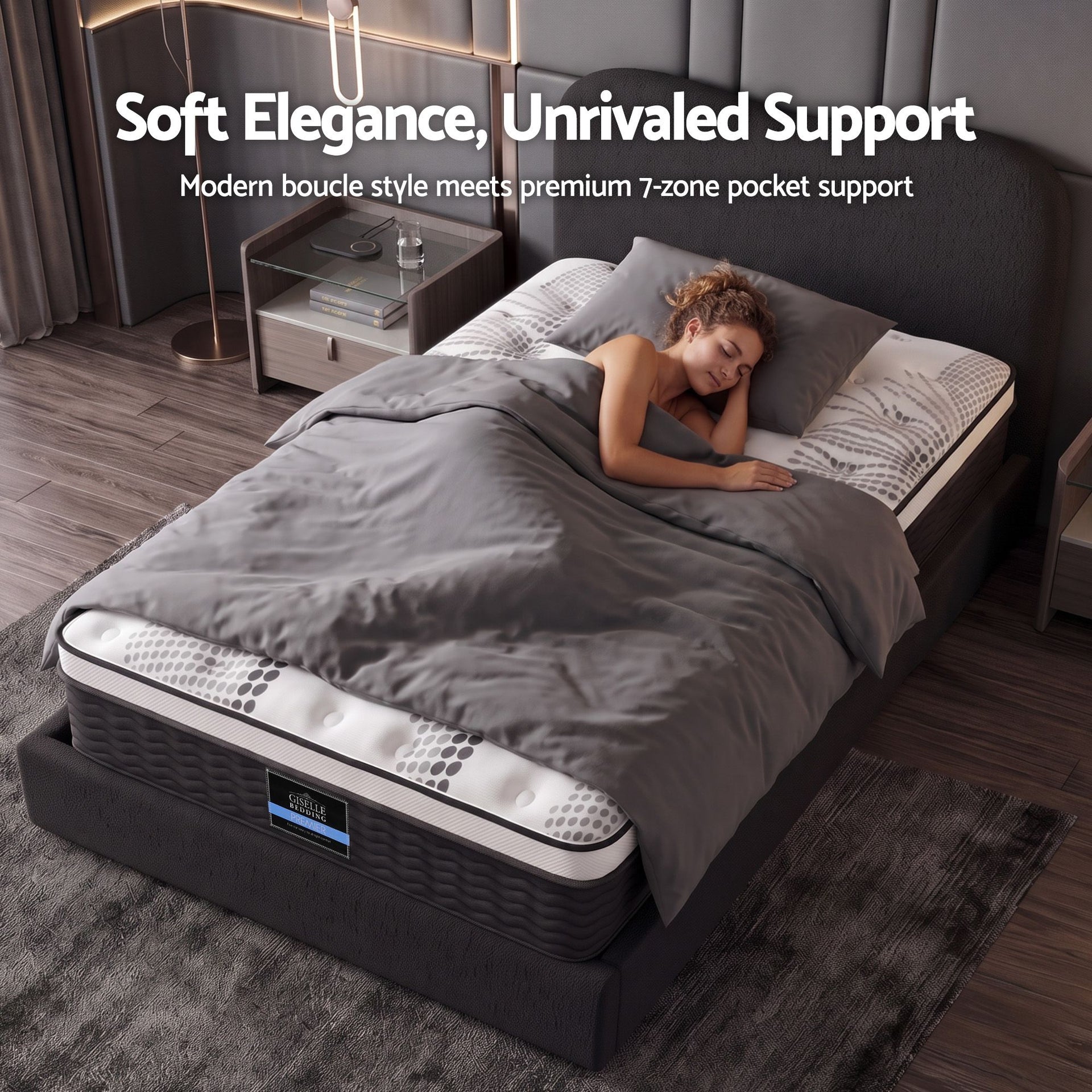 Giselle 32cm Euro Top King Single Mattress 5-Zone and Artiss Boucle Bed Frame Set Awezingly