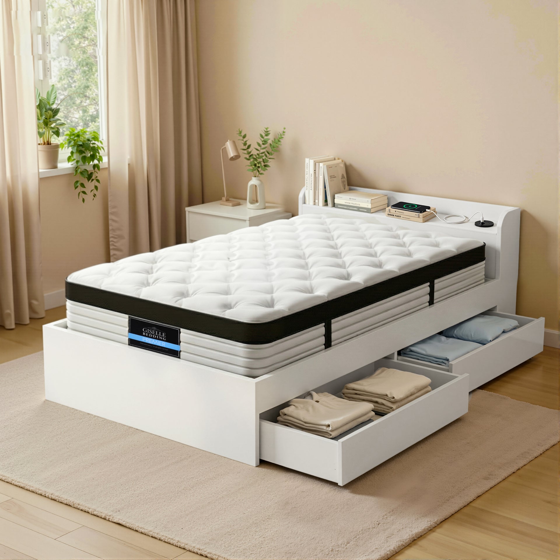 Giselle Single Mattress 5-zone Pocket Spring Mattresses with Artiss Wooden Storage Bed Frame Set Awezingly