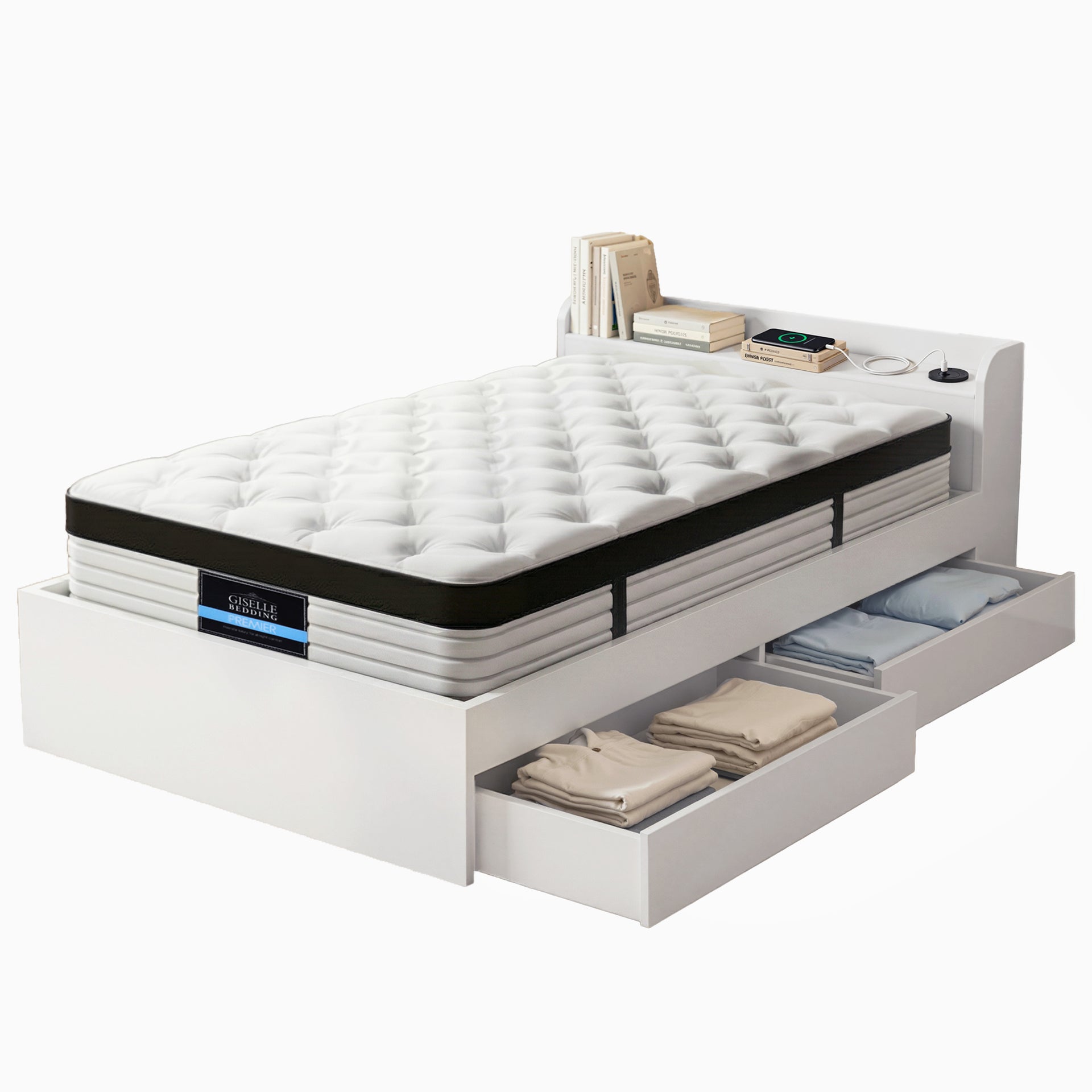 Giselle Single Mattress 5-zone Pocket Spring Mattresses with Artiss Wooden Storage Bed Frame Set Awezingly