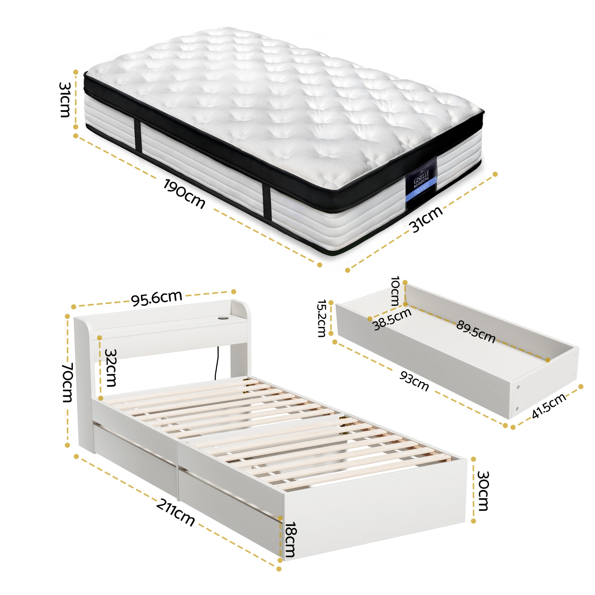 Giselle Single Mattress 5-zone Pocket Spring Mattresses with Artiss Wooden Storage Bed Frame Set Awezingly