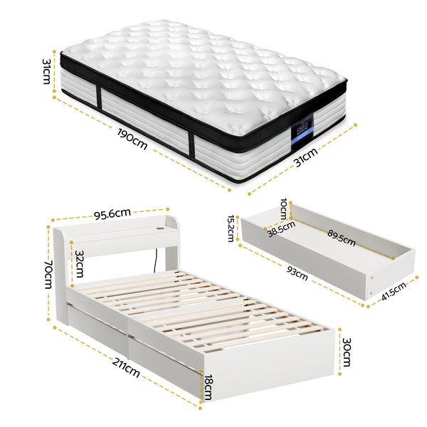 Giselle Single Mattress 5-zone Pocket Spring Mattresses with Artiss Wooden Storage Bed Frame Set Awezingly