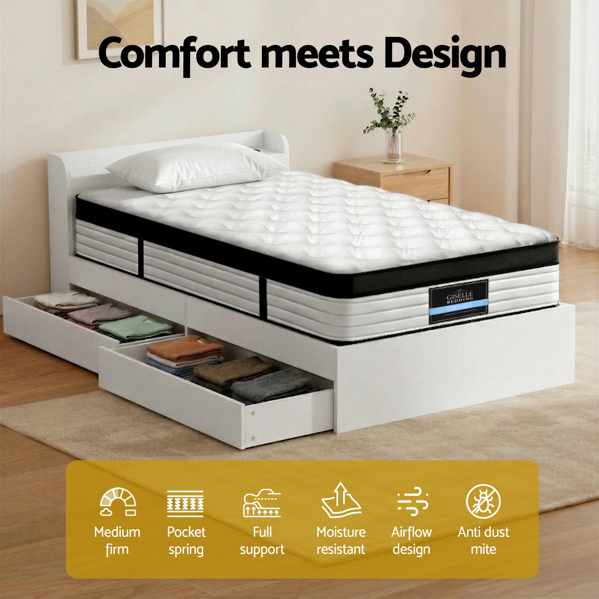 Giselle Single Mattress 5-zone Pocket Spring Mattresses with Artiss Wooden Storage Bed Frame Set Awezingly