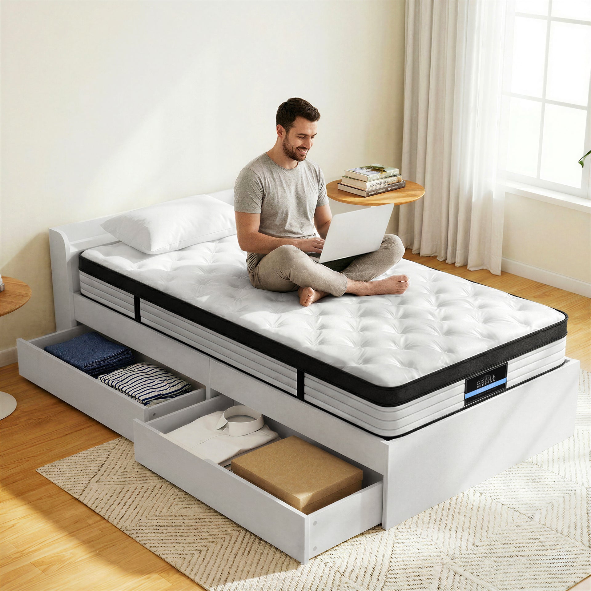 Giselle Single Mattress 5-zone Pocket Spring Mattresses with Artiss Wooden Storage Bed Frame Set Awezingly