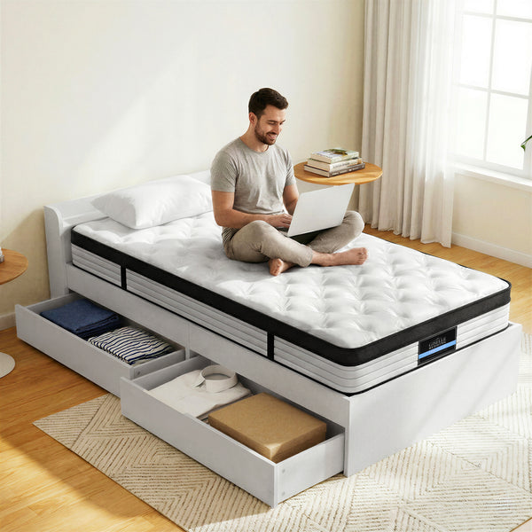 Giselle Single Mattress 5-zone Pocket Spring Mattresses with Artiss Wooden Storage Bed Frame Set Awezingly
