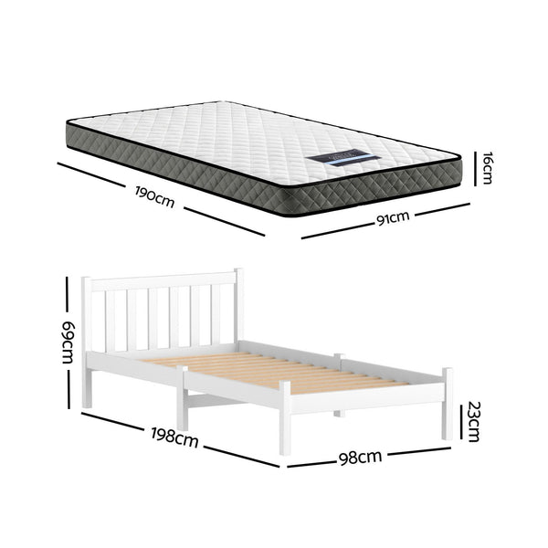 Giselle Single Mattress and Artiss Bed Frame Set White Solid Pine with 16cm Mattress Awezingly