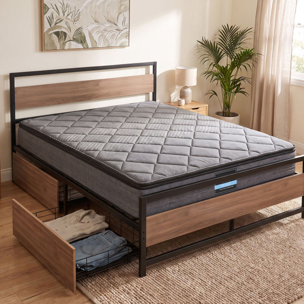 Giselle 18cm Queen Mattress Pillowtop and Artiss Metal Bed Frame Set With 2 drawers Awezingly