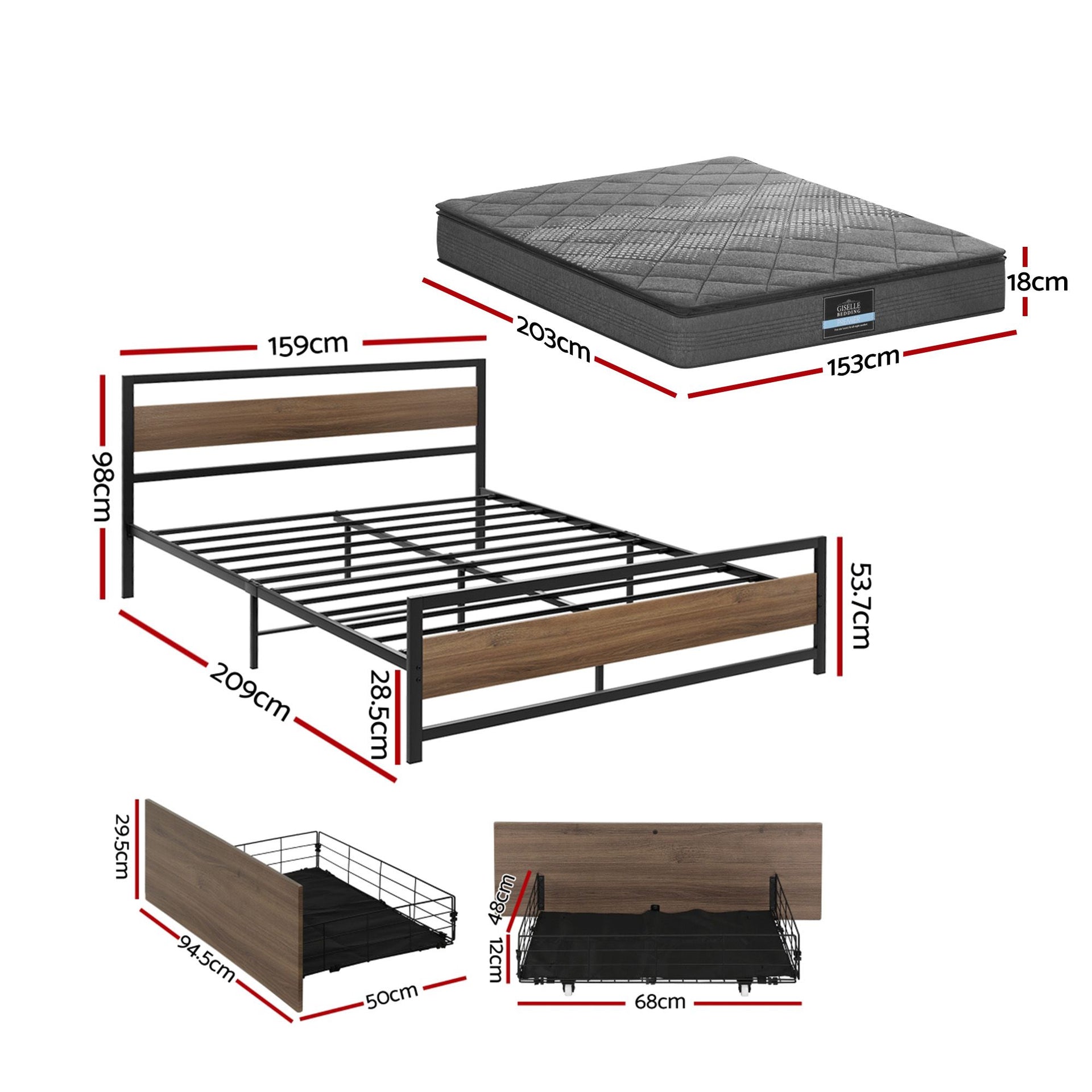 Giselle 18cm Queen Mattress Pillowtop and Artiss Metal Bed Frame Set With 2 drawers Awezingly