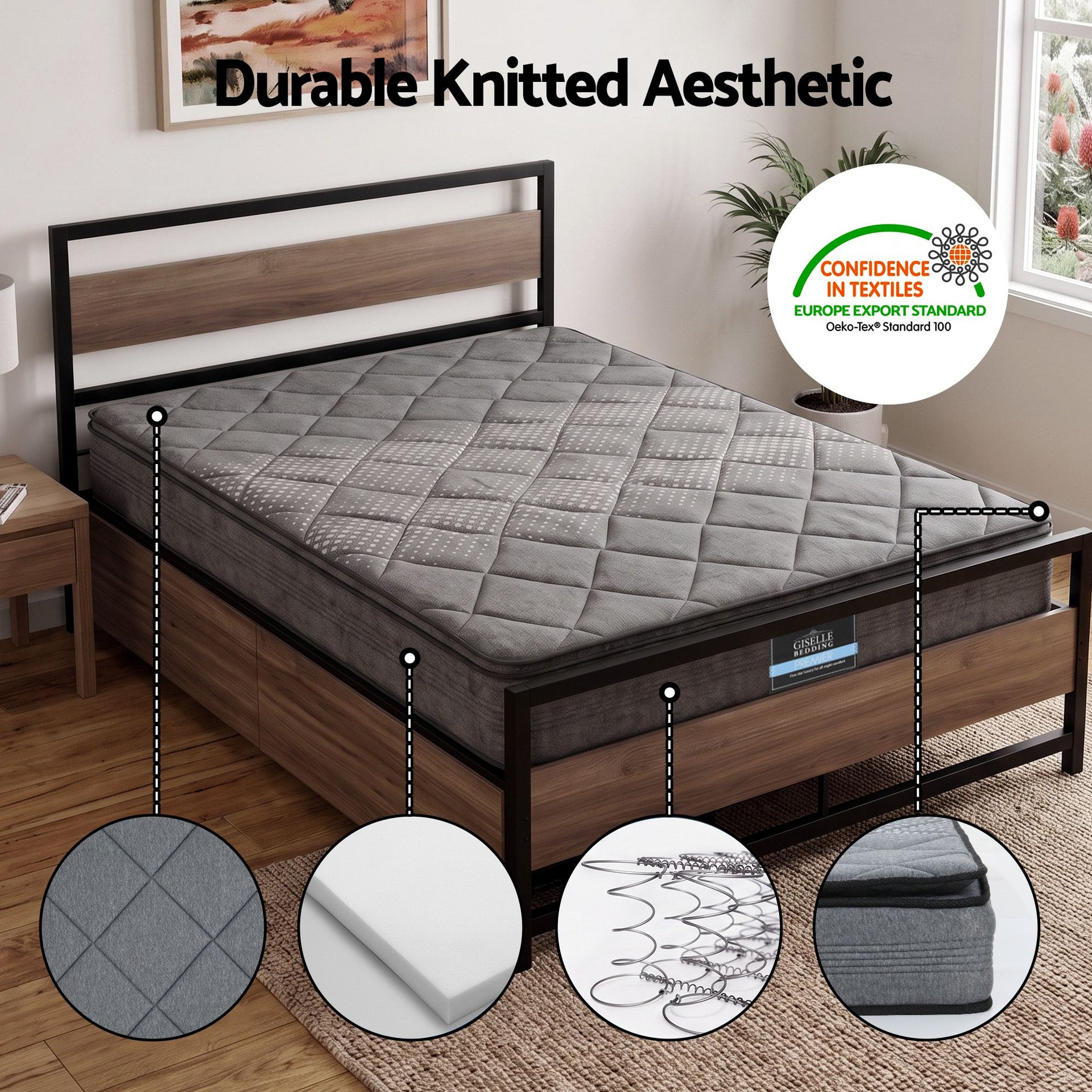 Giselle 18cm Queen Mattress Pillowtop and Artiss Metal Bed Frame Set With 2 drawers Awezingly