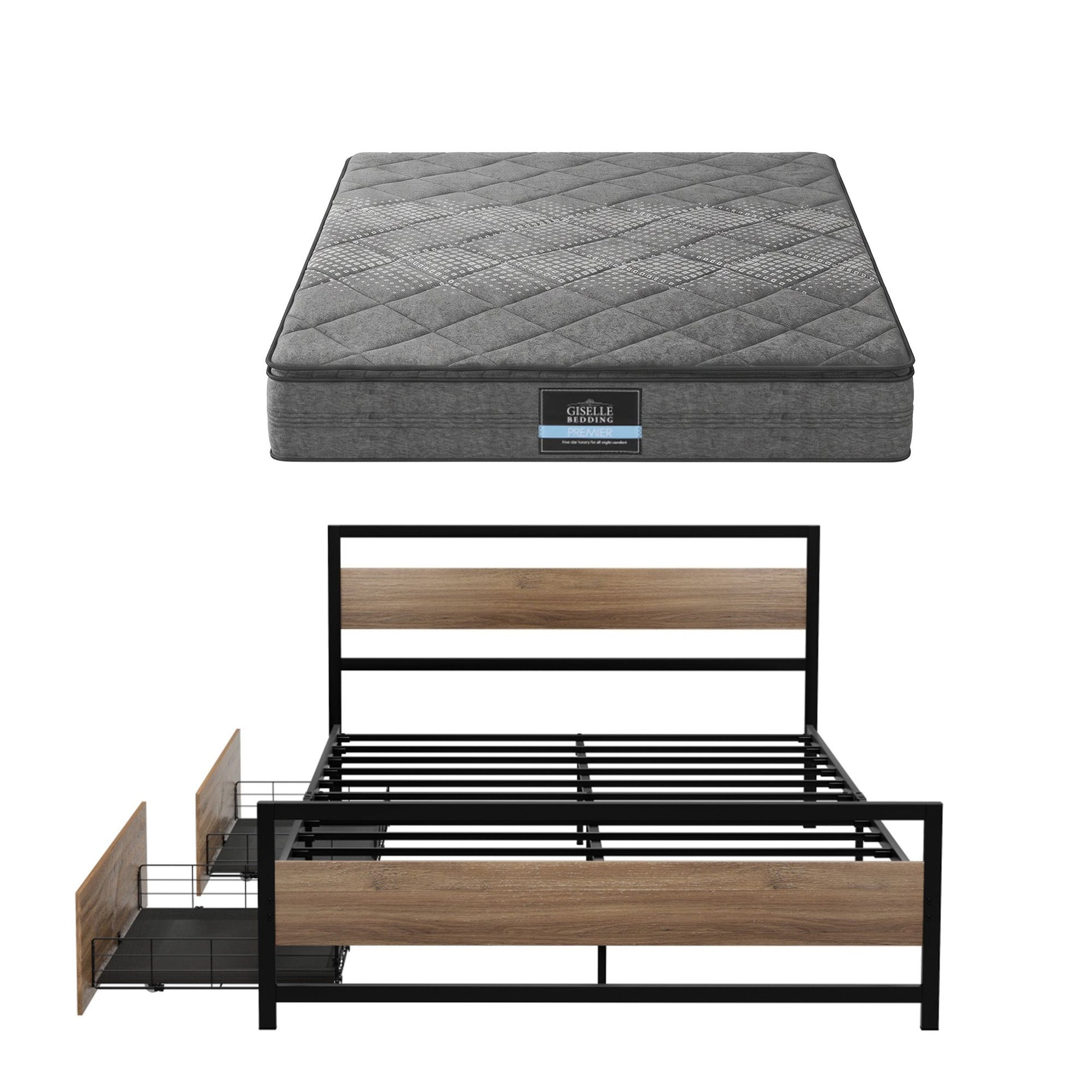 Giselle 18cm Queen Mattress Pillowtop and Artiss Metal Bed Frame Set With 2 drawers Awezingly