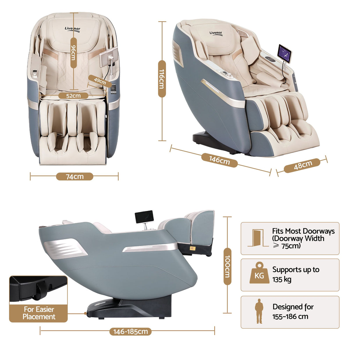 Livemor 4D Massage Chair Electric Recliner Home Massager Gray Sina Livemor