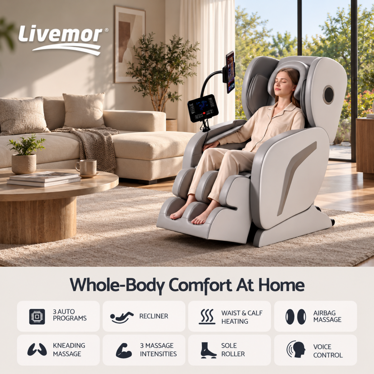 Livemor Full Body Massage Chair VEGA, Foot Roller, Waist & Calf Heat, Recliner, Airbags Compression Awezingly