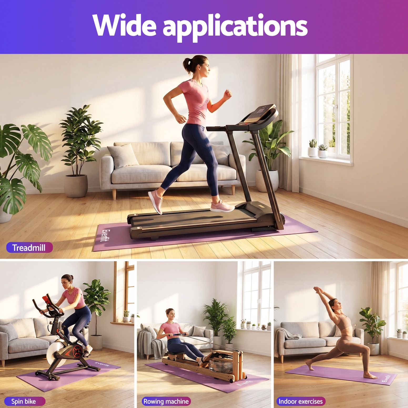 Everfit Exercise Equipment Mat 1.8M Treadmill Floor Rug Home Gym Fitness Purple Awezingly