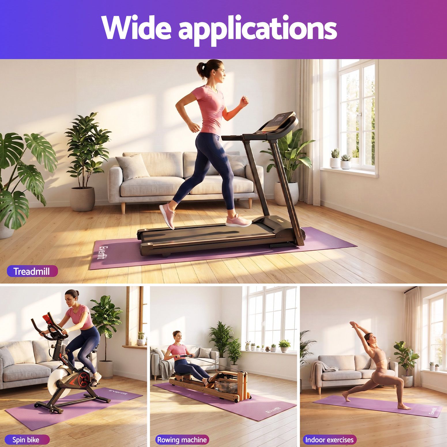 Everfit Exercise Equipment Mat 2M Treadmill Floor Rug Home Gym Fitness Purple Awezingly