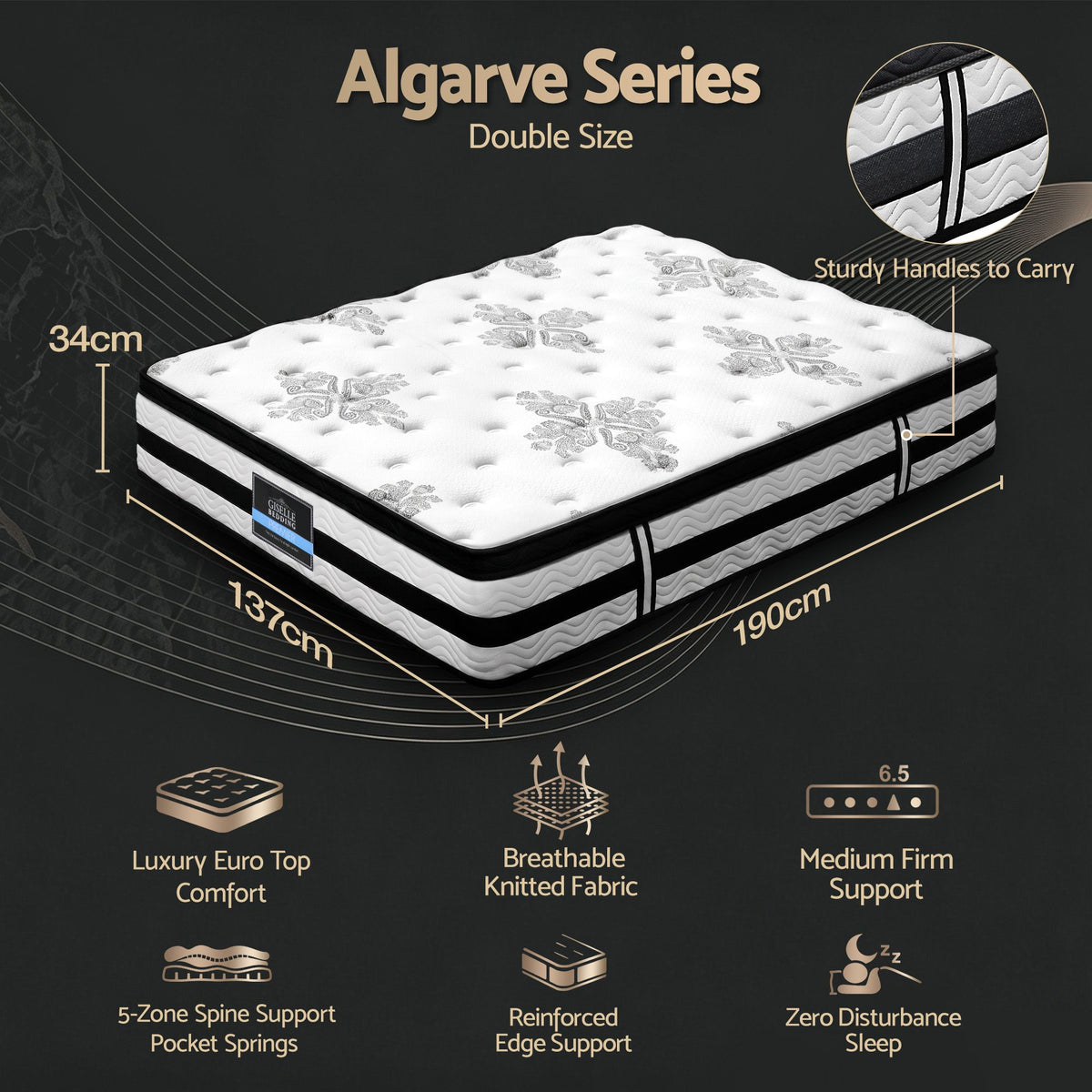 Giselle Bedding Algarve Euro Top Pocket Spring Mattress 34cm Thick Double Giselle Bedding