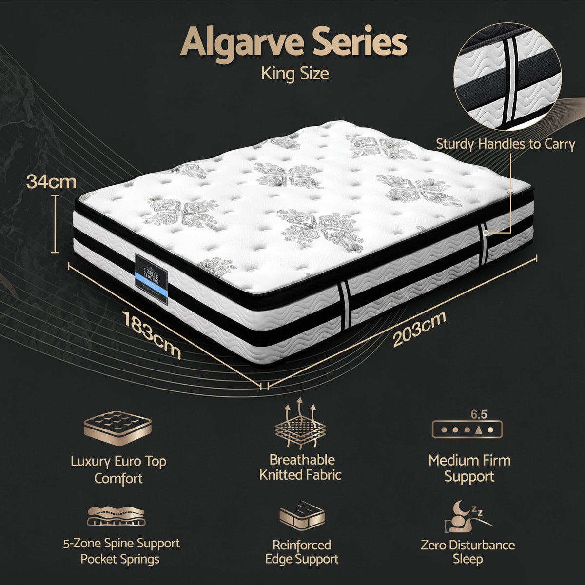 Giselle Bedding Algarve Euro Top Pocket Spring Mattress 34cm Thick King Giselle Bedding