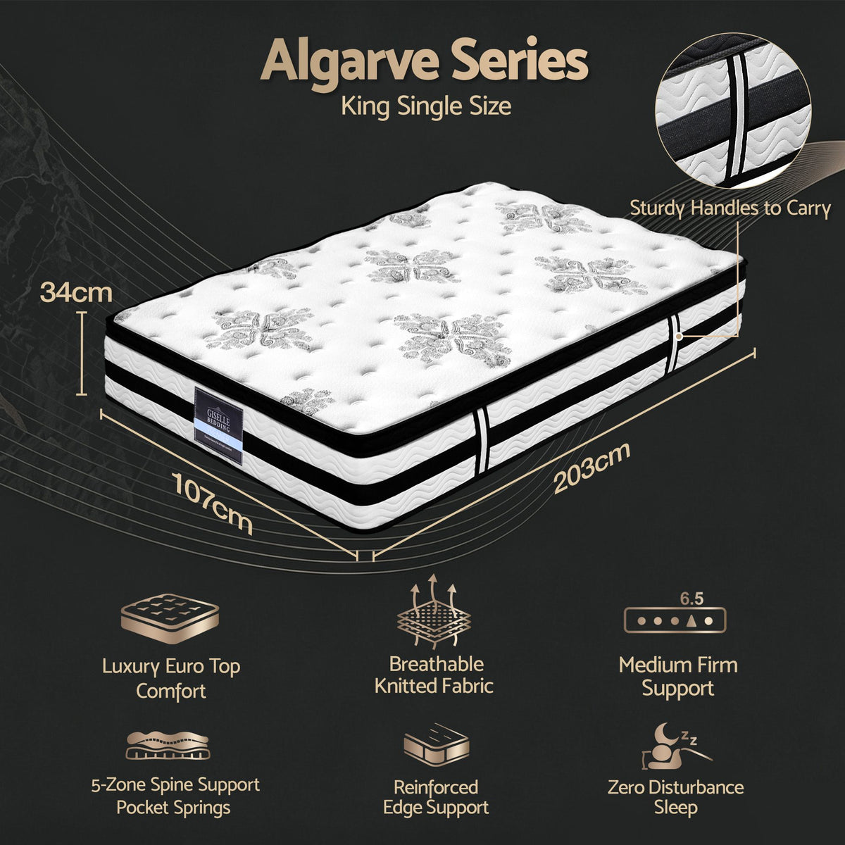 Giselle Bedding Algarve Euro Top Pocket Spring Mattress 34cm Thick King Single Giselle Bedding