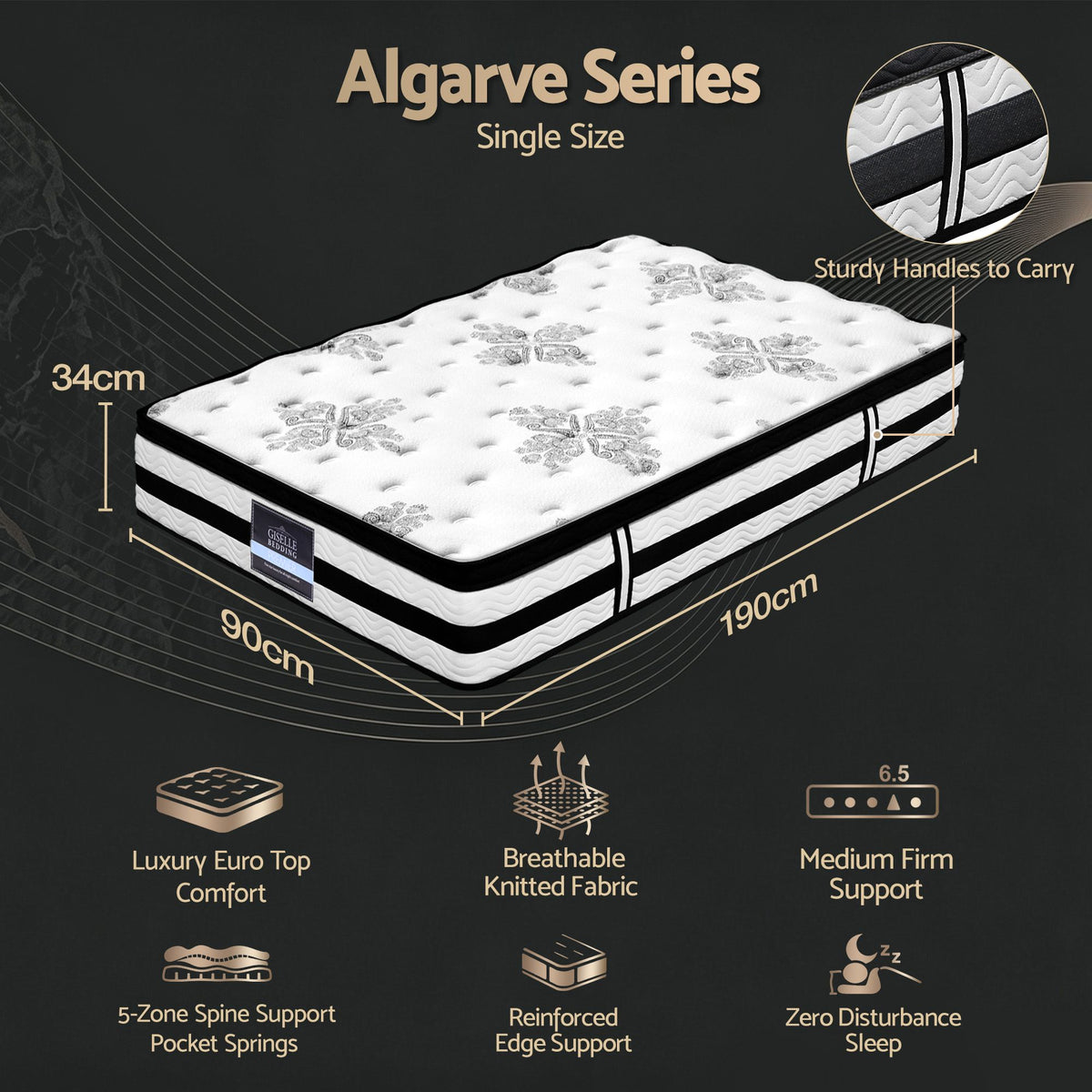 Giselle Bedding Algarve Euro Top Pocket Spring Mattress 34cm Thick – Single Giselle Bedding
