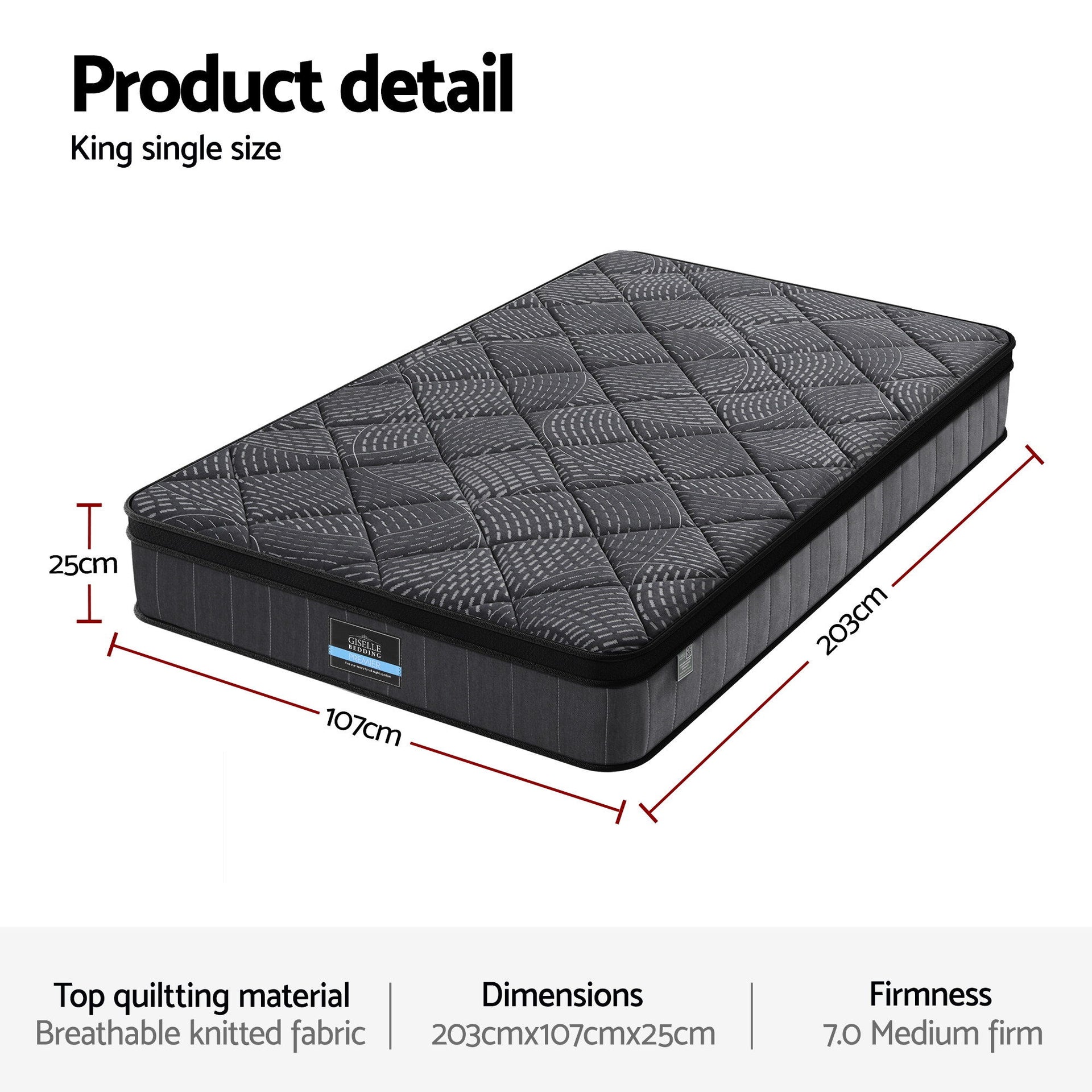Giselle Bedding King Single Mattress 25cm Pocket Spring Latex Euro Top Medium Firm Bed Awezingly
