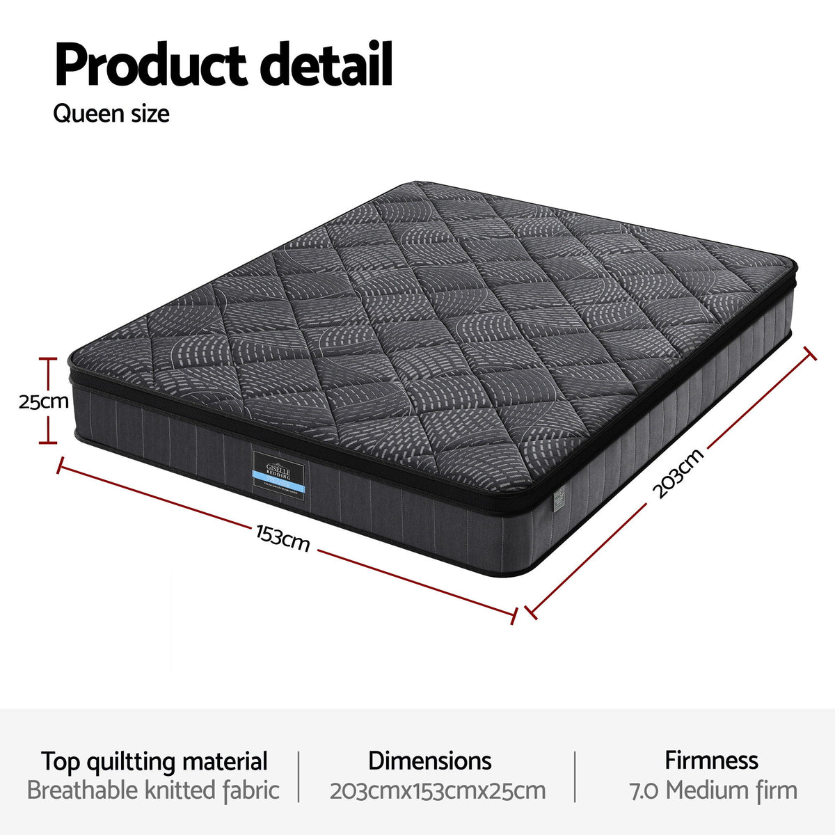 Giselle Bedding Queen Mattress 25cm Pocket Spring Latex Euro Top Medium Firm Bed Awezingly