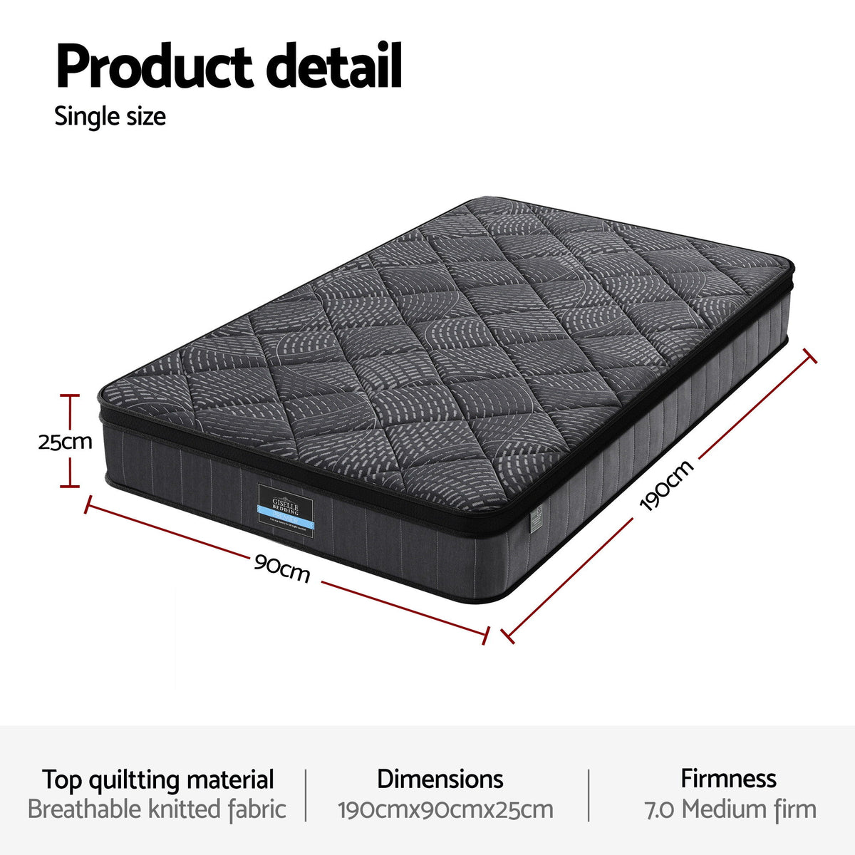 Giselle Bedding Single Mattress 25cm Pocket Spring Latex Euro Top Medium Firm Bed Awezingly