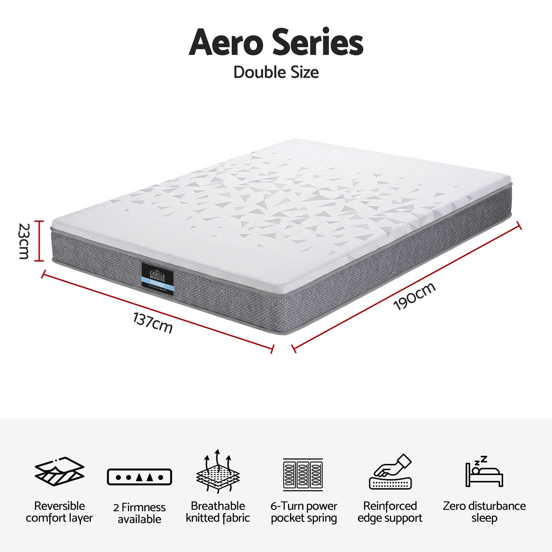 Giselle Bedding Double Mattress 23cm Pocket Spring Mattress with Adjustable Firmness Reversible Foam Layer for Medium Firm & Firm Support Motion Isolation Bedroom Bed Giselle Bedding