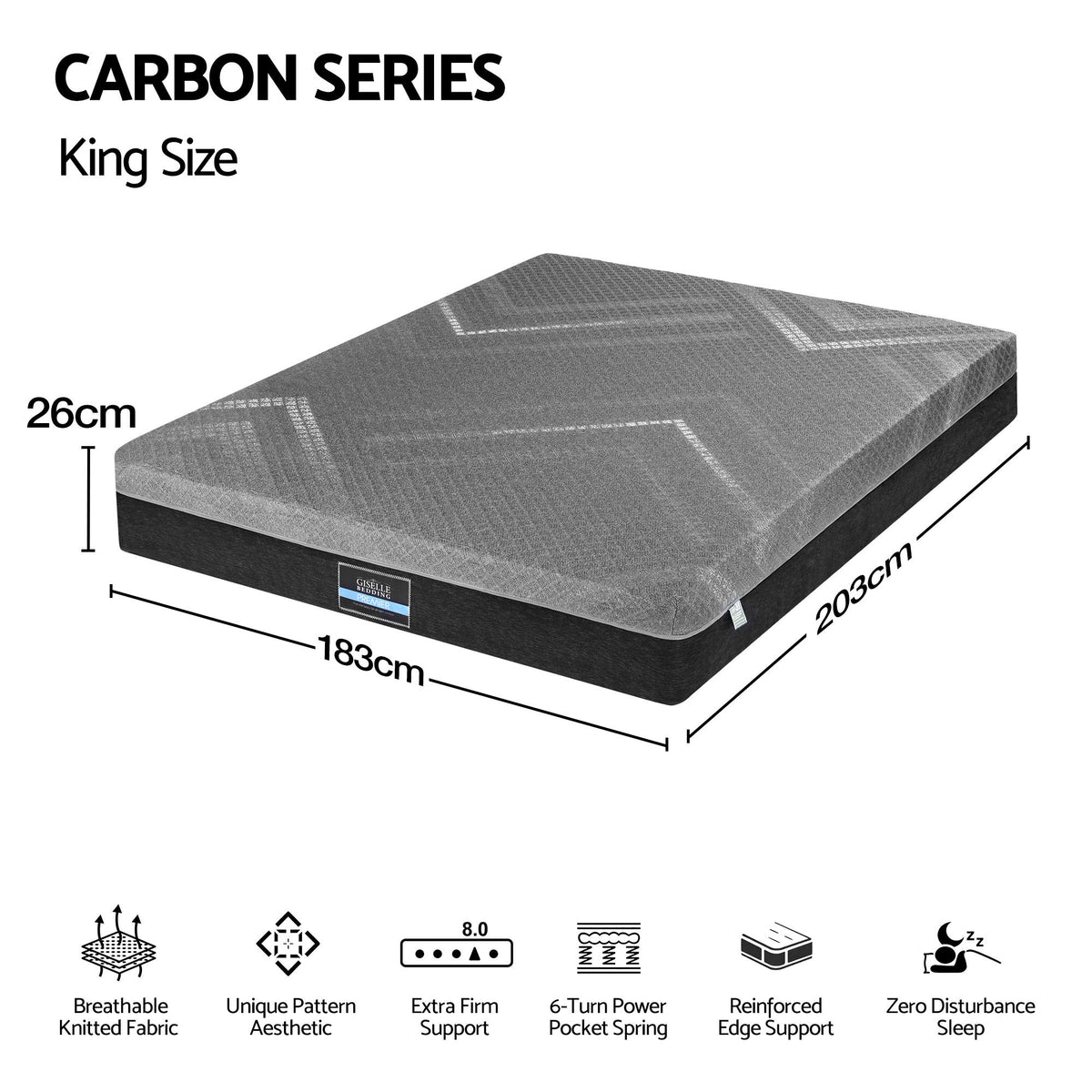 Giselle King Mattress 26cm Firm Pocket Spring Dual Edge Support Dark Grey Awezingly