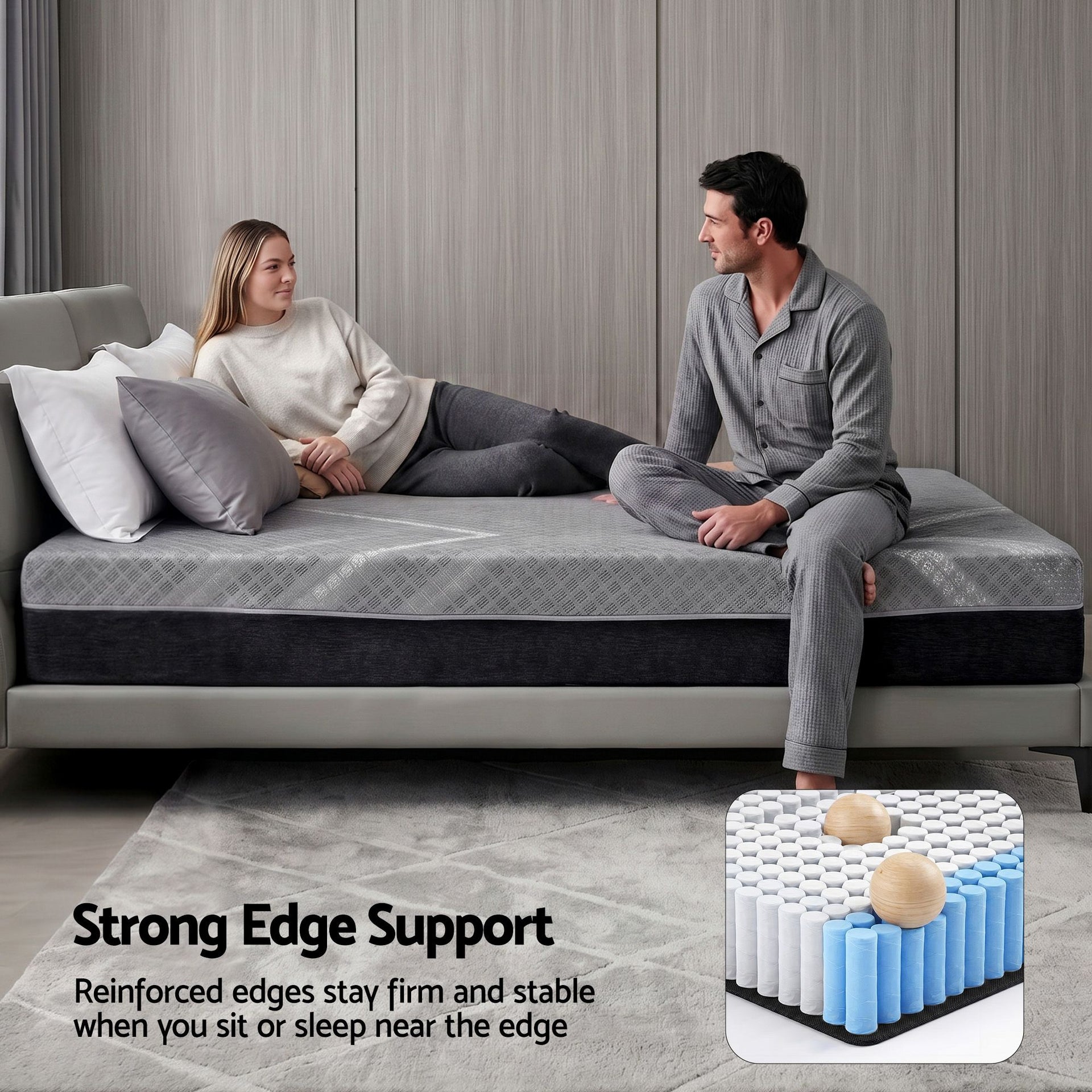 Giselle King Single Mattress 26cm Firm Pocket Spring Dual Edge Support Dark Grey Awezingly