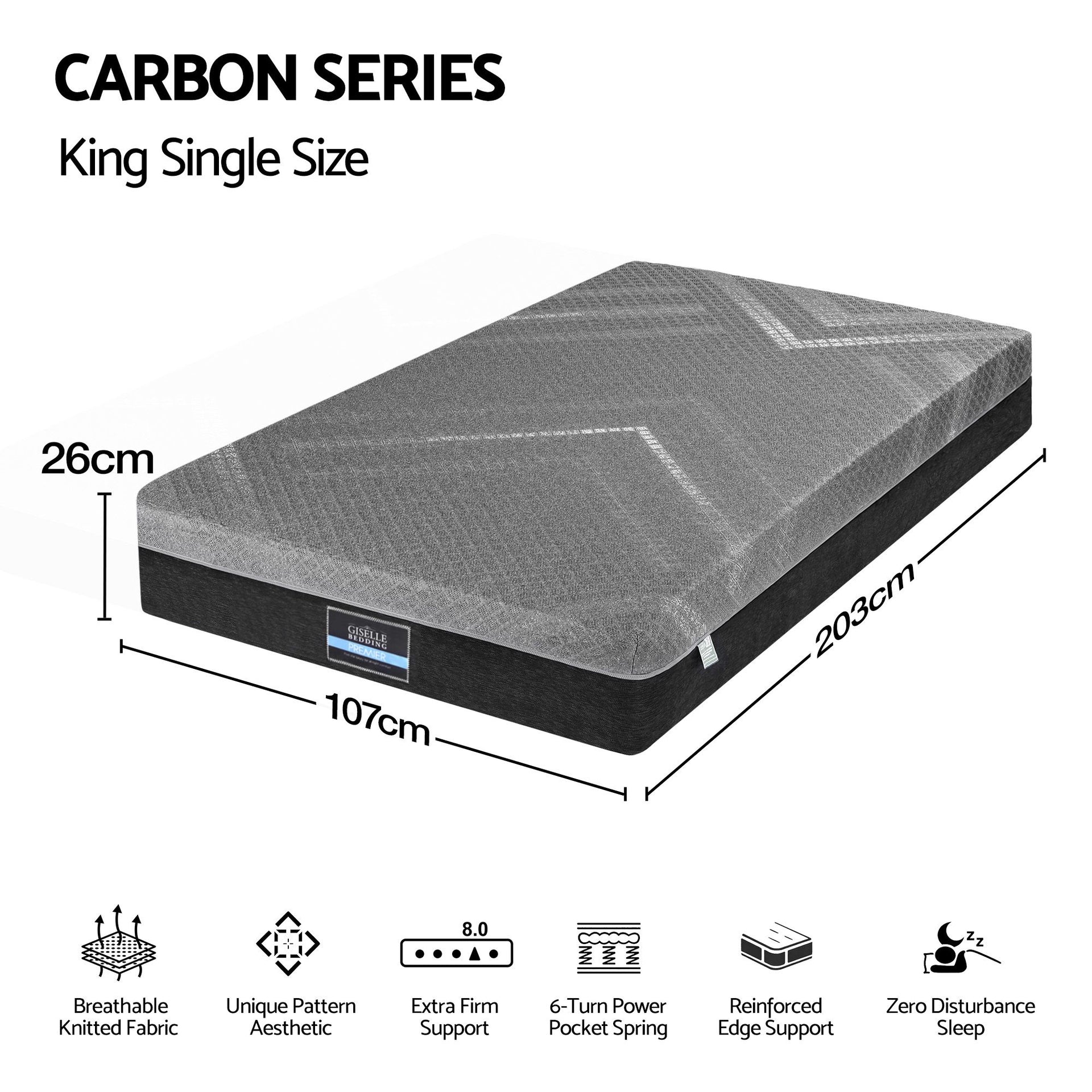 Giselle King Single Mattress 26cm Firm Pocket Spring Dual Edge Support Dark Grey Awezingly