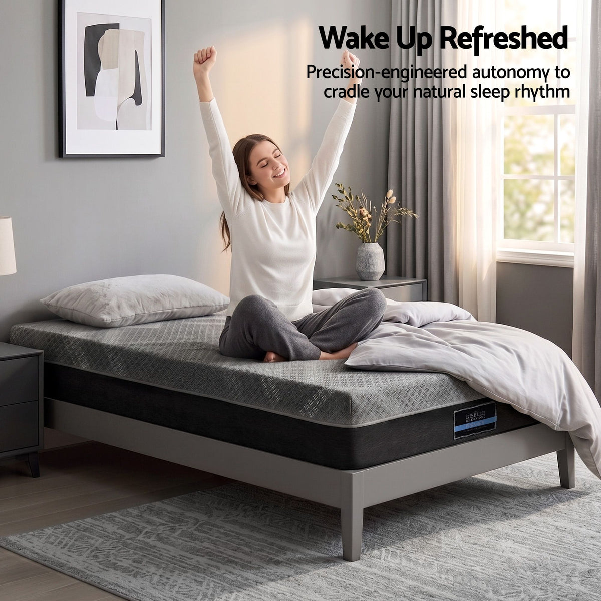 Giselle Single Mattress 26cm Firm Pocket Spring Dual Edge Support Dark Grey Awezingly