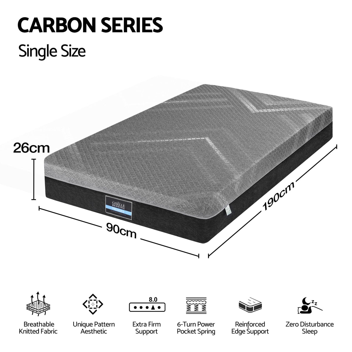 Giselle Single Mattress 26cm Firm Pocket Spring Dual Edge Support Dark Grey Awezingly