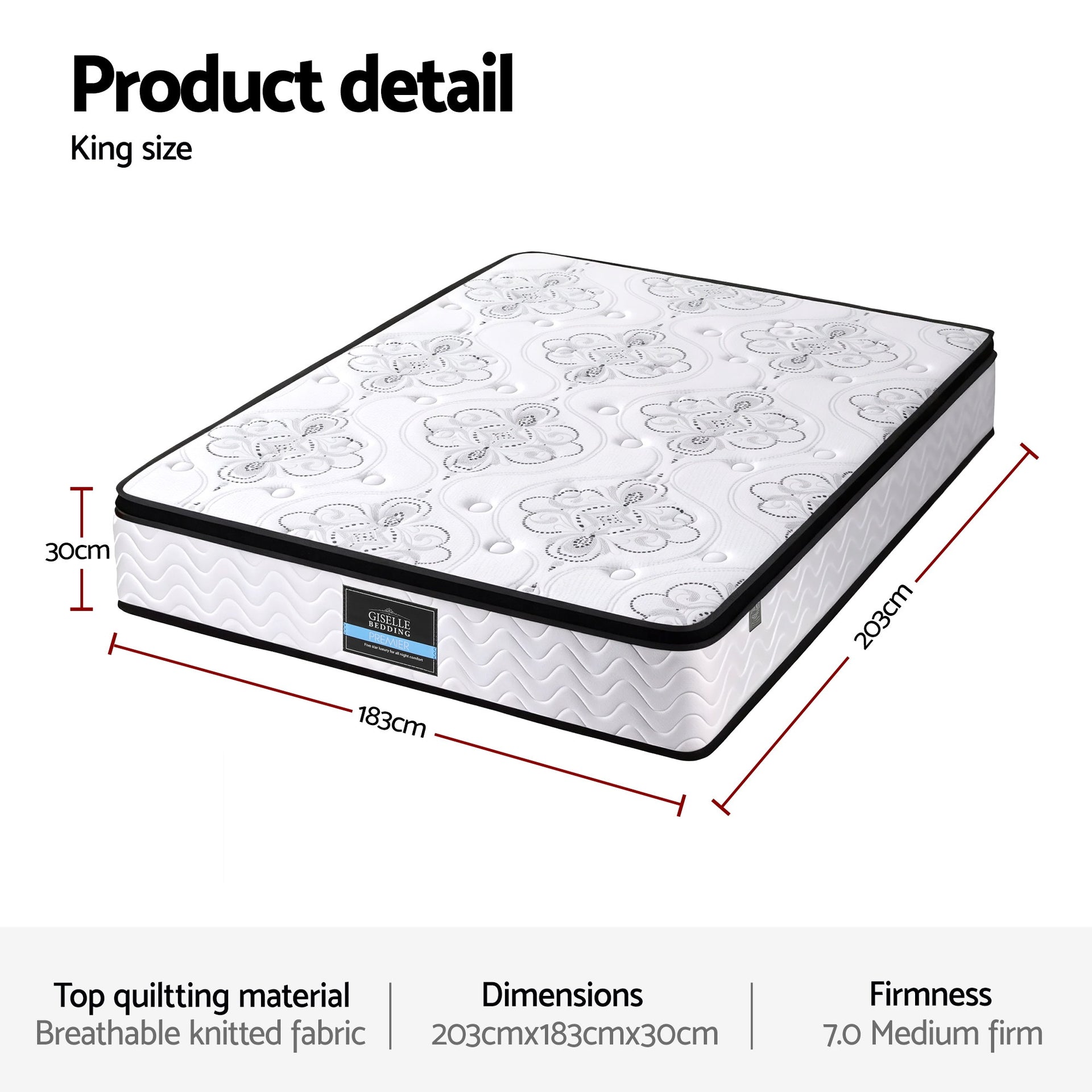Giselle Bedding King Mattress 30cm Pocket Spring Euro Top Medium Firm Foam Awezingly