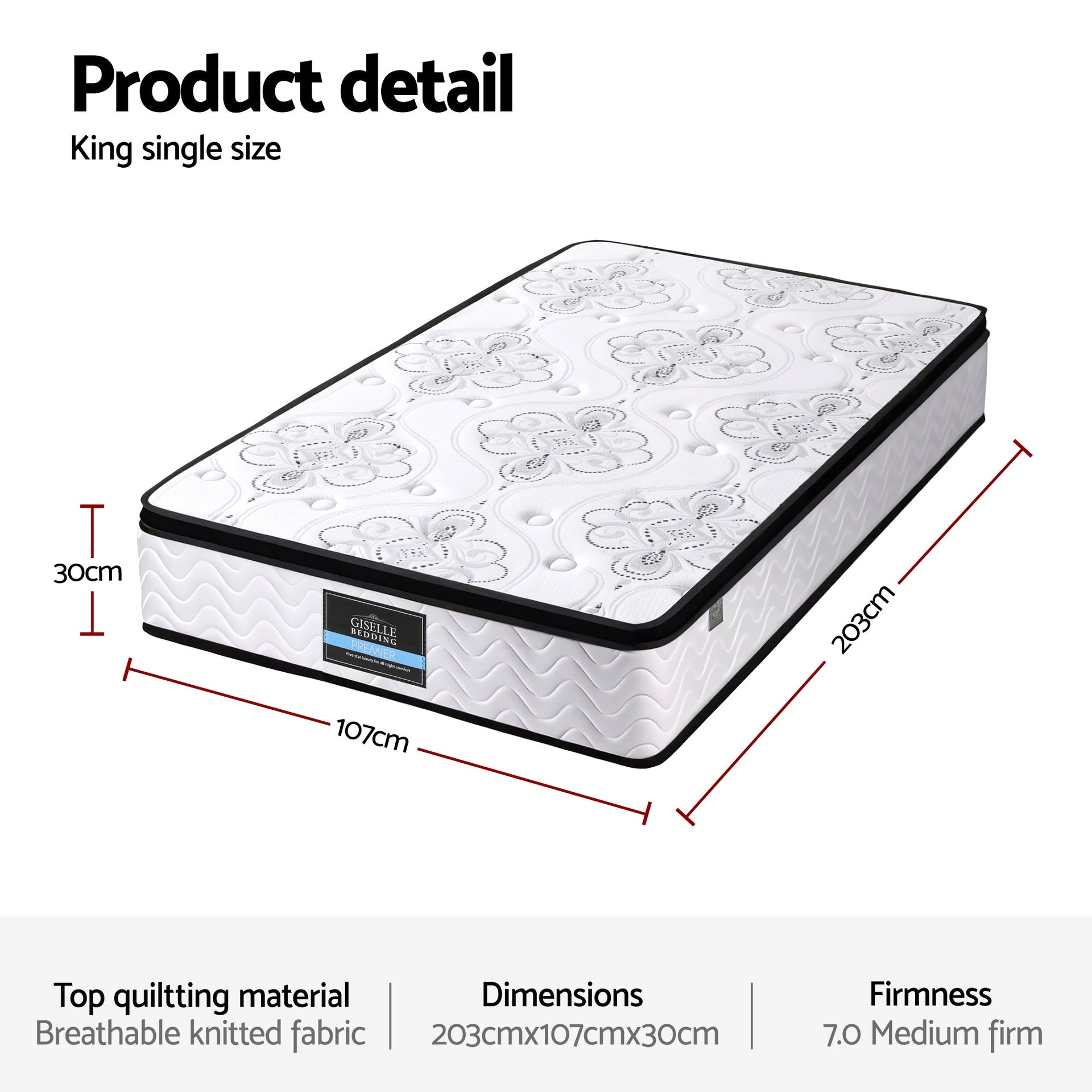 Giselle Bedding King Single Mattress 30cm Pocket Spring Euro Top Medium Firm Foam Awezingly