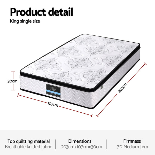 Giselle Bedding King Single Mattress 30cm Pocket Spring Euro Top Medium Firm Foam Awezingly