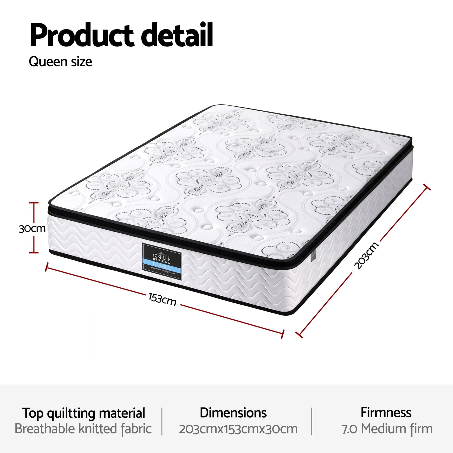 Giselle Bedding Queen Mattress 30cm Pocket Spring Euro Top Medium Firm Foam Awezingly
